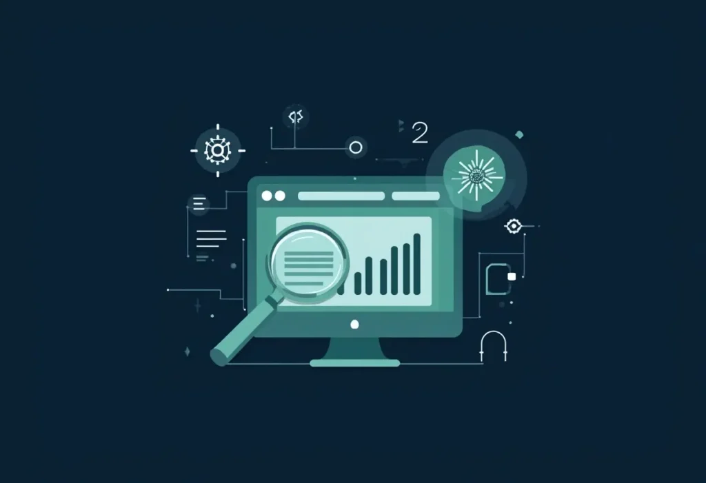 Браузър с търсачка и графика за позиции, AI чип и лупа, свързани с линии - тема изкуствен интелект в SEO